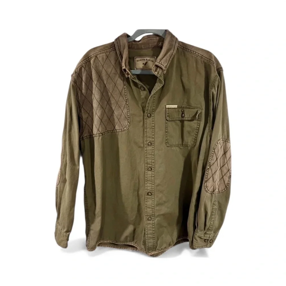 North River Mens Olive Green Quilted Shoulder Elbow Patch Button Up Shirt, Large